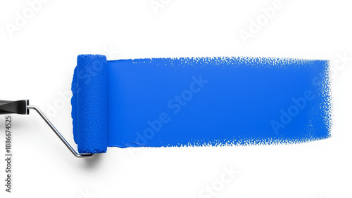 A paint roller applies a bold horizontal stripe of vibrant blue paint across a stark white background, creating a dynamic contrast