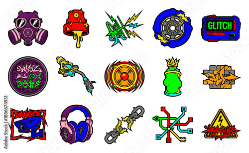 Street Graffiti Urban Culture Graphic Asset Sheet for Underground Hip Hop and Cyberpunk Creative Design Projects