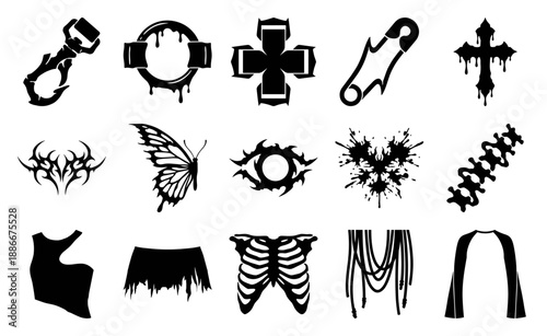 Neo-Tribal Y2K Grunge Aesthetic Graphic Element Kit for Alternative Streetwear and Digital Scrapbooking