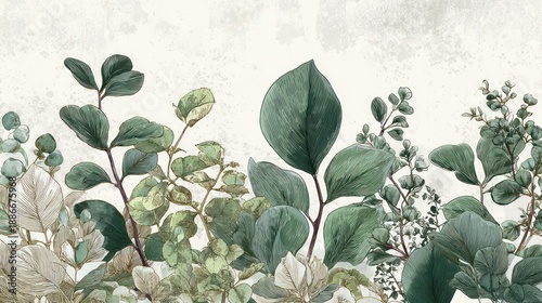Botanical illustration of diverse leafy foliage in various shades of green against a muted background