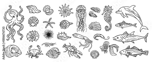Hand drawn vector illustration set of underwater marine life featuring octopus, seahorse nautilus shell fish crab, lobster starfish seashells. Modern sketch and line art style, coastal ocean mood