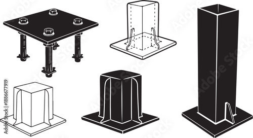 Detailed illustrations of various metal base plate designs shown