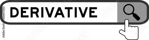 Search banner in word derivative with hand over magnifier icon on white background