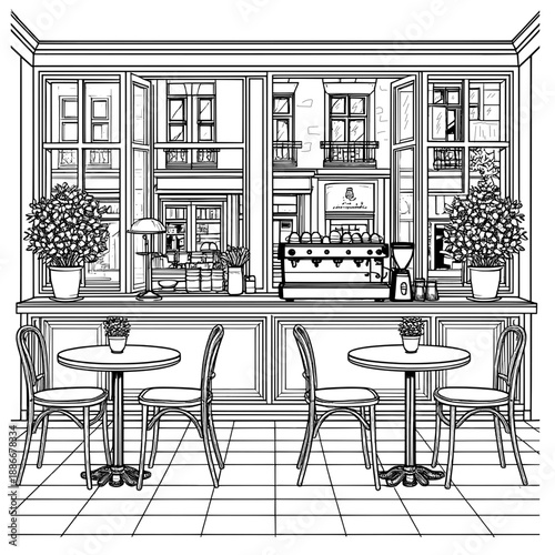 A cozy cafe with tables and a bar, a black and white sketch. Vector illustration. Outdoor cafe bar, coffee machine and chairs, coffee cup and lamps, isolated on a white background