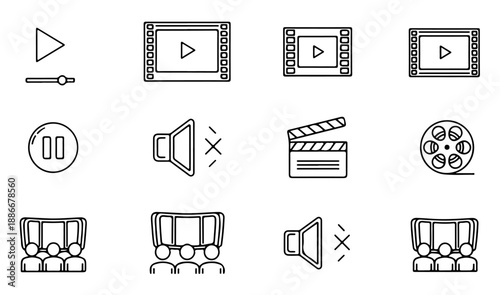 Minimalist outline video and film production icon set gray line style design
