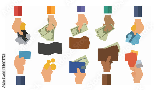 Hands holding money finance banner flat vector illustration
