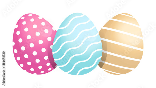 Easter cartoon flat 3d eggs vector illustration. Spring colorful egg with pattern, april holiday. Isolated on a white background. Decorative gradient element for design, clipart, banner, etc.