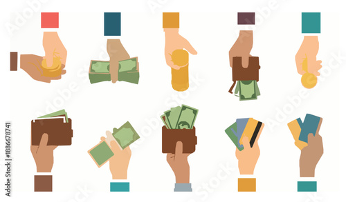 People hands with cash and cards flat finance vector