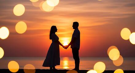 Romantic silhouette of a loving couple holding hands on the beach against a breathtaking sunset, surrounded by warm, glowing bokeh lights, symbolizing eternal love and happiness