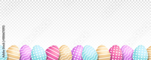 Easter banner with colorful cartoon flat 3d eggs. PNG transparent background. Egg frame border. Spring april holiday, celebration. Decoration design, print, banner. Vector illustration.