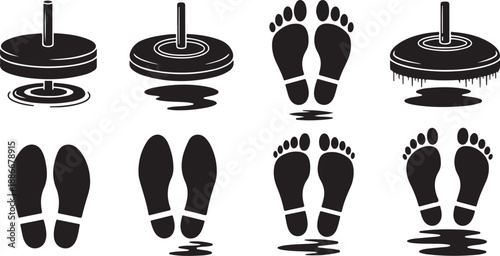 Footprints and weights for fitness and exercise routine concept