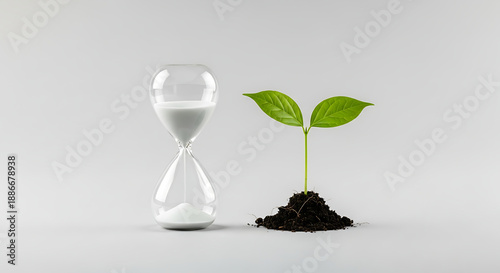 The delicate balance of time and growth is beautifully captured by an hourglass alongside a vibrant seedling, symbolizing progress, investment, and the future