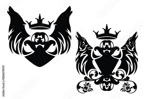 two howling wolf profile heads with fantasy heraldic shield, king crown and rose flowers decor - fairy tale royal coat of arms black and white vector design