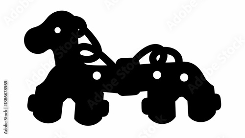 Black silhouette of a dog pulling a car with a rope