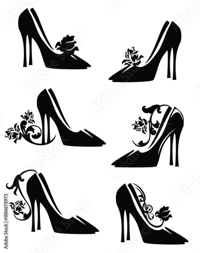 luxurious elegant pump shoes with high heels decorated with rose flowers - black and white vector fashion footwear design set