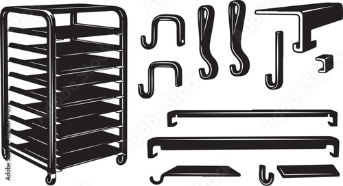 Black metal shelving unit with various bracket components included