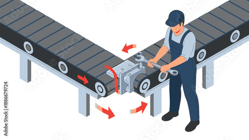 Mechanic adjusting industrial conveyor belt system with tools