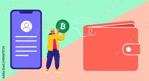 Man Adding Bitcoin to Digital Wallet from Mobile Device for Online Transactions