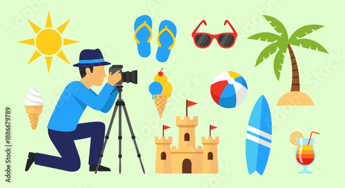 A photographer capturing summer vacation memories with beach essentials and a sandcastle