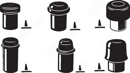 Black and white illustration of various metal lug nuts