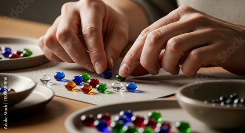 Close up of hands sorting and placing colored glass beads on a flat surface, showing natural light refraction, detailed materials, and authentic craft workflow in a realistic creative setting rendered