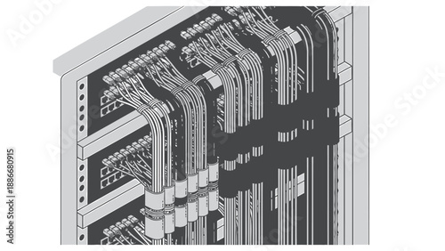 Detailed illustration of a network server with organized cable management and patch cords
