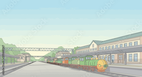 Green and yellow passenger train waiting at a station platform in an anime art style.