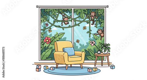 Cozy yellow armchair with a blue cushion on a round rug.