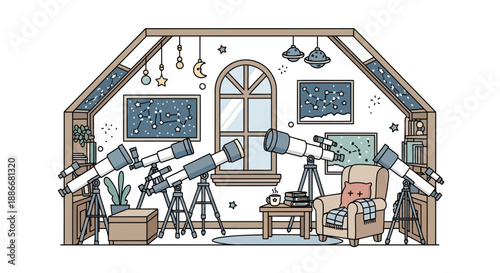 Cozy attic observatory room with multiple telescopes for stargazing and astronomy.