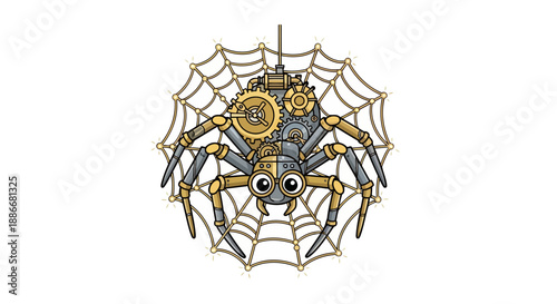 Vintage steampunk mechanical spider with clockwork gears on a web.
