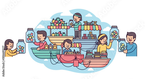 Cheerful cartoon characters at a bustling floating market scene.