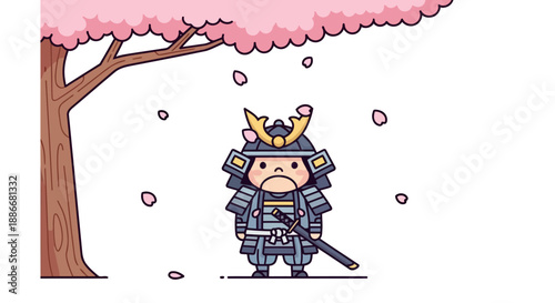 Cute cartoon samurai warrior with a sad expression holding a katana sword.