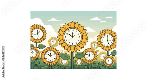 Surreal illustration of a field of blooming sunflower clocks.