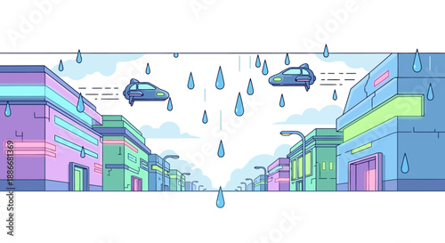 Surreal Pixel Art Scene with Flying Cars and Giant Raindrops.