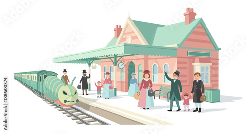 Charming vintage illustration of people waving at a fantasy caterpillar train.