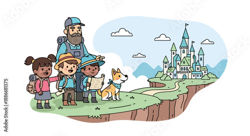 Illustrated group of adventurers, a man, three children, and a dog on a quest.