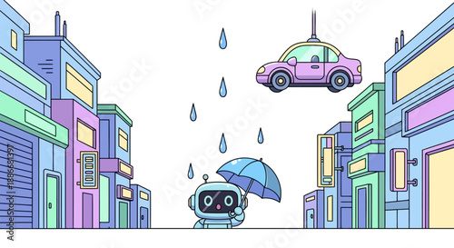 Cute robot with an umbrella under a floating car in the rain.