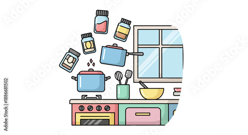 Cartoon Illustration of Floating Kitchen Cookware and Spice Jars.