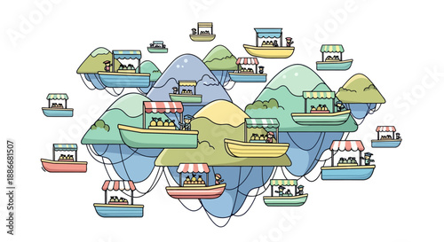A whimsical cartoon illustration of a floating market with boats and islands.