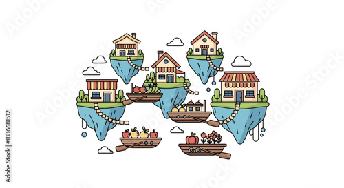 Whimsical cartoon village with houses on floating islands and boats.