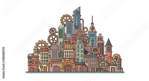 Detailed illustration of a fantastical steampunk city with gears and industrial buildings.