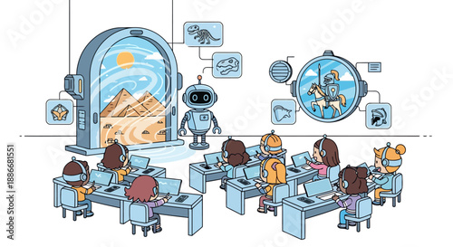 Robot teacher instructing young students in a futuristic science classroom.
