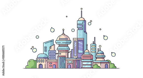 Stylized line art illustration of a futuristic city with colorful modern architecture.