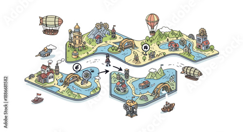 Illustrated Steampunk Fantasy World Map for an Adventure Board Game.