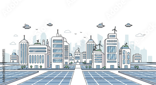 Hand drawn illustration of a futuristic smart city with renewable energy.