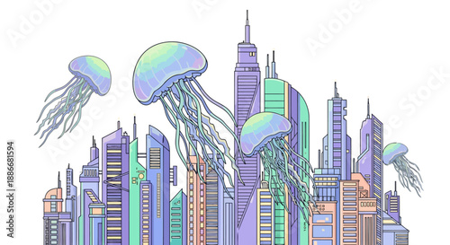Surreal illustration of giant colorful jellyfish floating through a modern city skyline.
