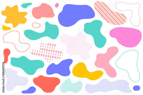 Organic irregular blob shapes. Abstract liquid forms set. Color random deform fluid spots. Blots, cloud or uneven outline figures. Simple freeform, asymmetric bubble blotches, drops or basic stains.