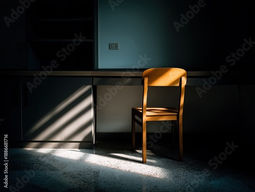 Wallpaper Mural A single wooden chair illuminated by a spotlight in a dark room depicting peaceful solitude Torontodigital.ca