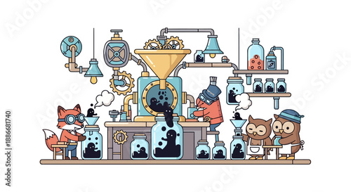 Cute Cartoon Fox and Owls Working in a Whimsical Bottling Factory.