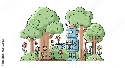 Friendly retro blue robot character with a watering can.